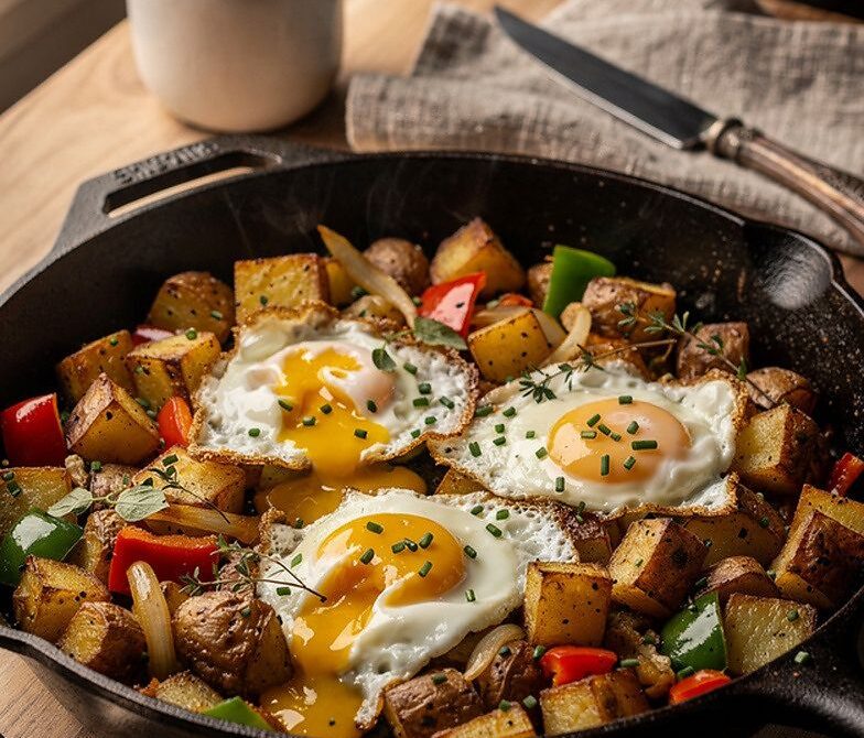 Crispy Potato Breakfast Hash With Peppers, Onions, and Runny Eggs