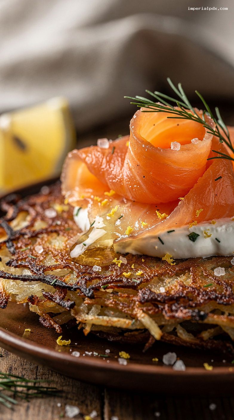 Crispy Potato Latkes With Smoked Salmon and Dill Sour Cream – Closeup