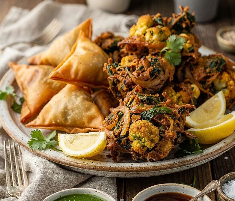 Crispy Samosa and Veg Pakora Snack Platter With Chutneys