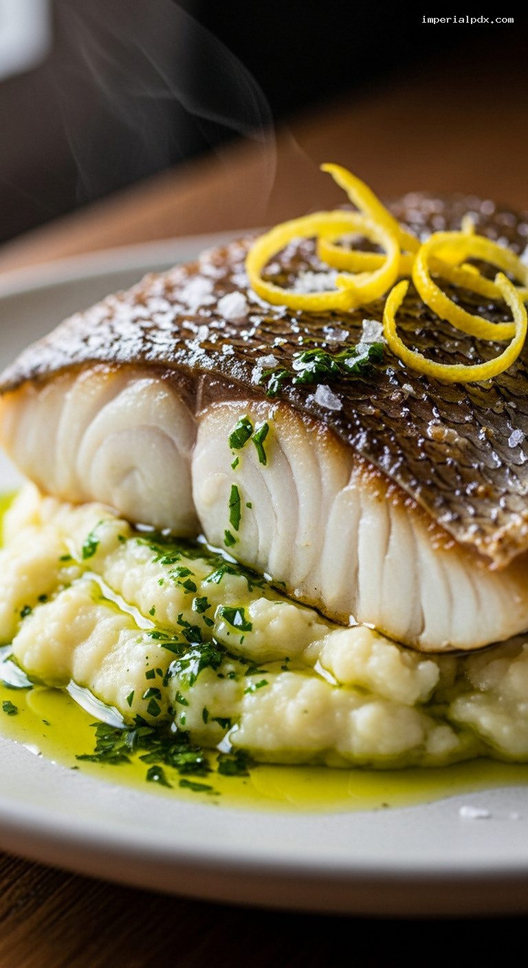 Crispy Skin Barramundi With Basil-Parsley Herb Oil – Closeup