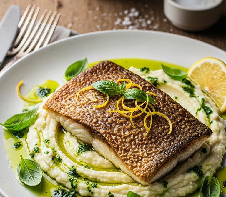 Crispy Skin Barramundi With Basil-Parsley Herb Oil