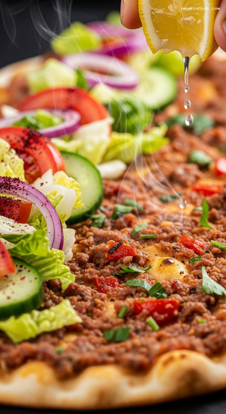 Crispy Turkish Lahmacun with Spiced Lamb and Herbs – Closeup