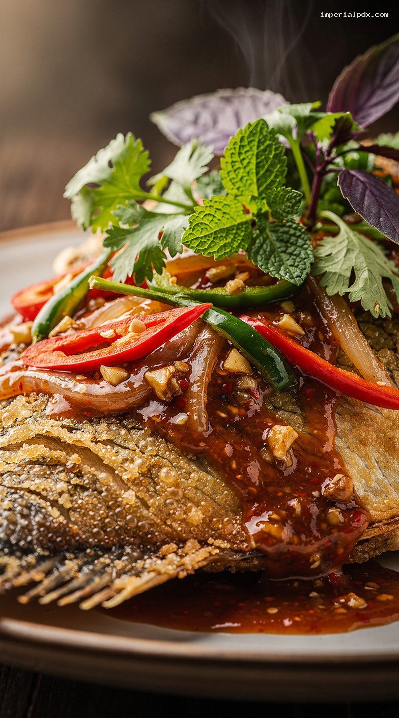 Crispy Whole Fish With Thai Chili-Tamarind Sauce – Closeup