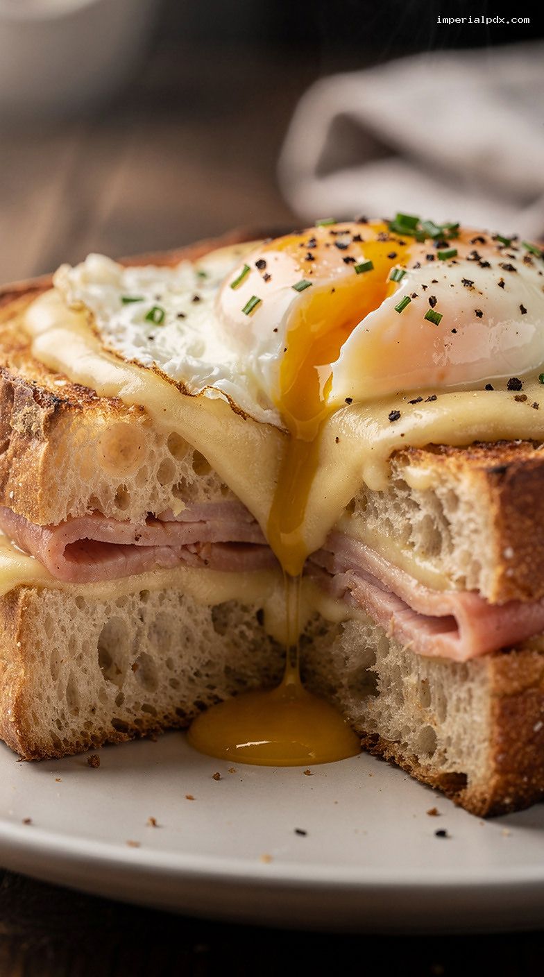 Croque Madame with Béchamel, Ham, Gruyère, and Fried Egg – Closeup