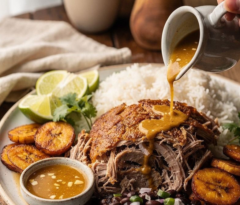 Cuban Mojo Roast Pork Platter With Rice, Beans, and Plantains