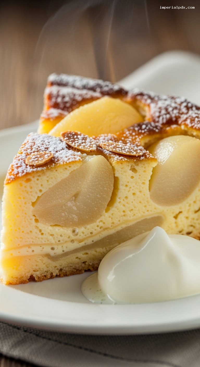 Custardy Pear Flognarde, A French Clafoutis-Style Dessert – Closeup