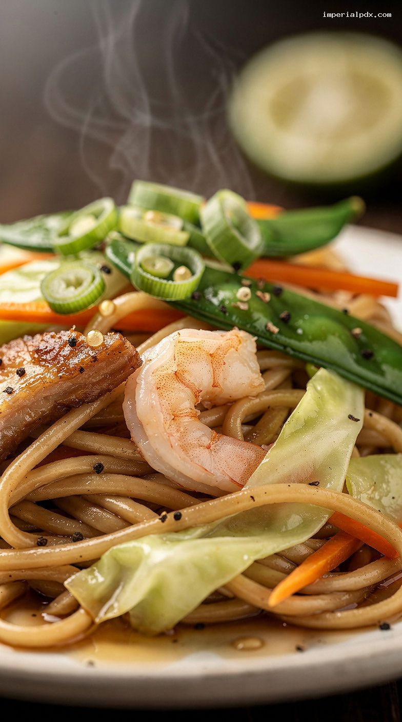 Filipino Pancit Canton with Chicken, Shrimp, and Vegetables – Closeup