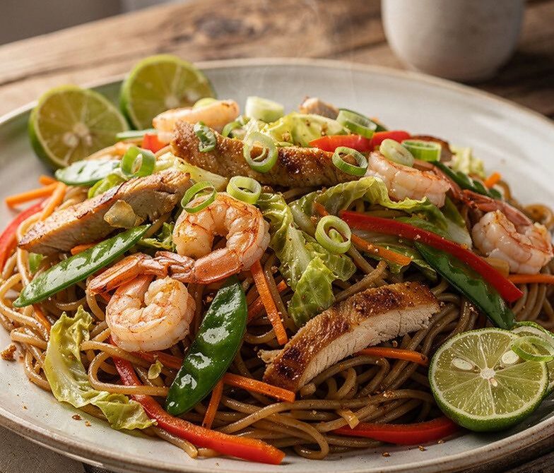 Filipino Pancit Canton with Chicken, Shrimp, and Vegetables