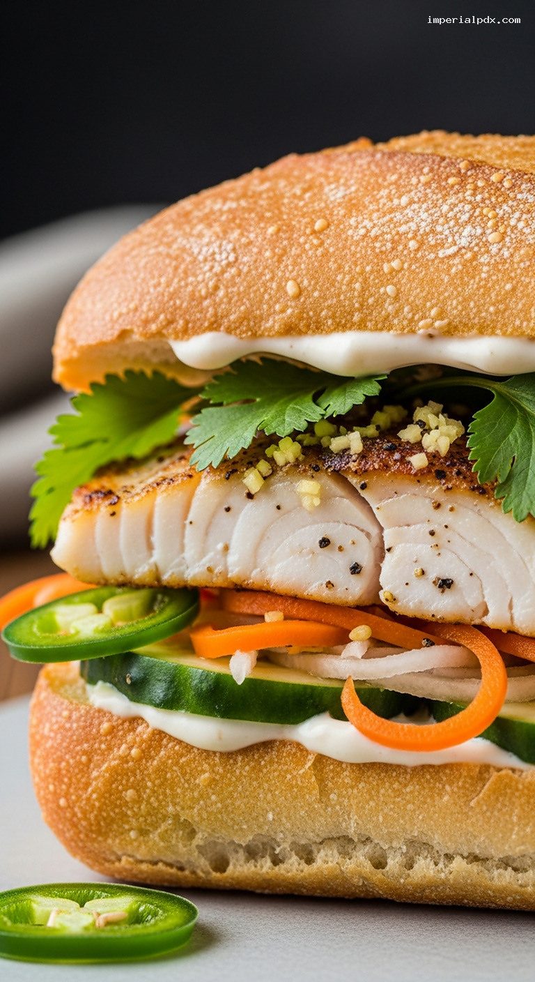 Fish Bánh Mì with Pickled Veggies and Spicy Mayo – Closeup