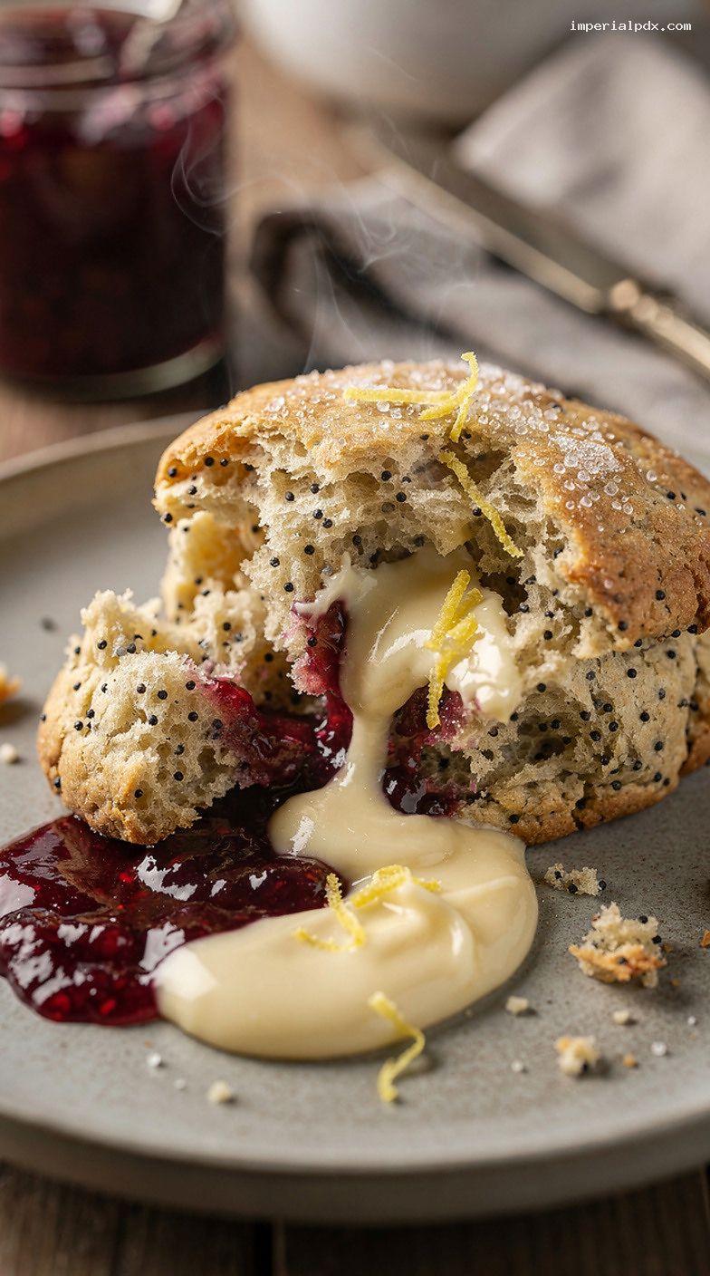 Flaky Lemon Poppy Seed Scones With Jam or Honey Butter – Closeup