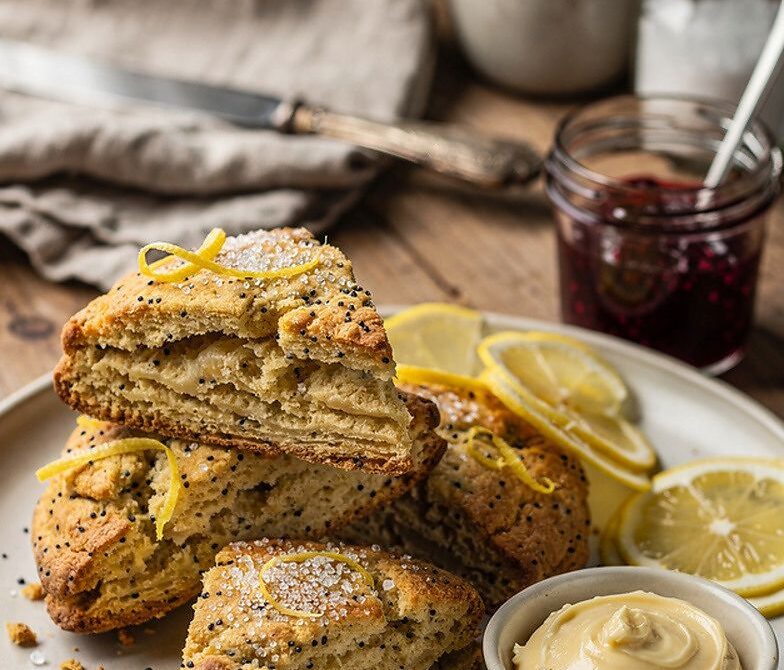 Flaky Lemon Poppy Seed Scones With Jam or Honey Butter