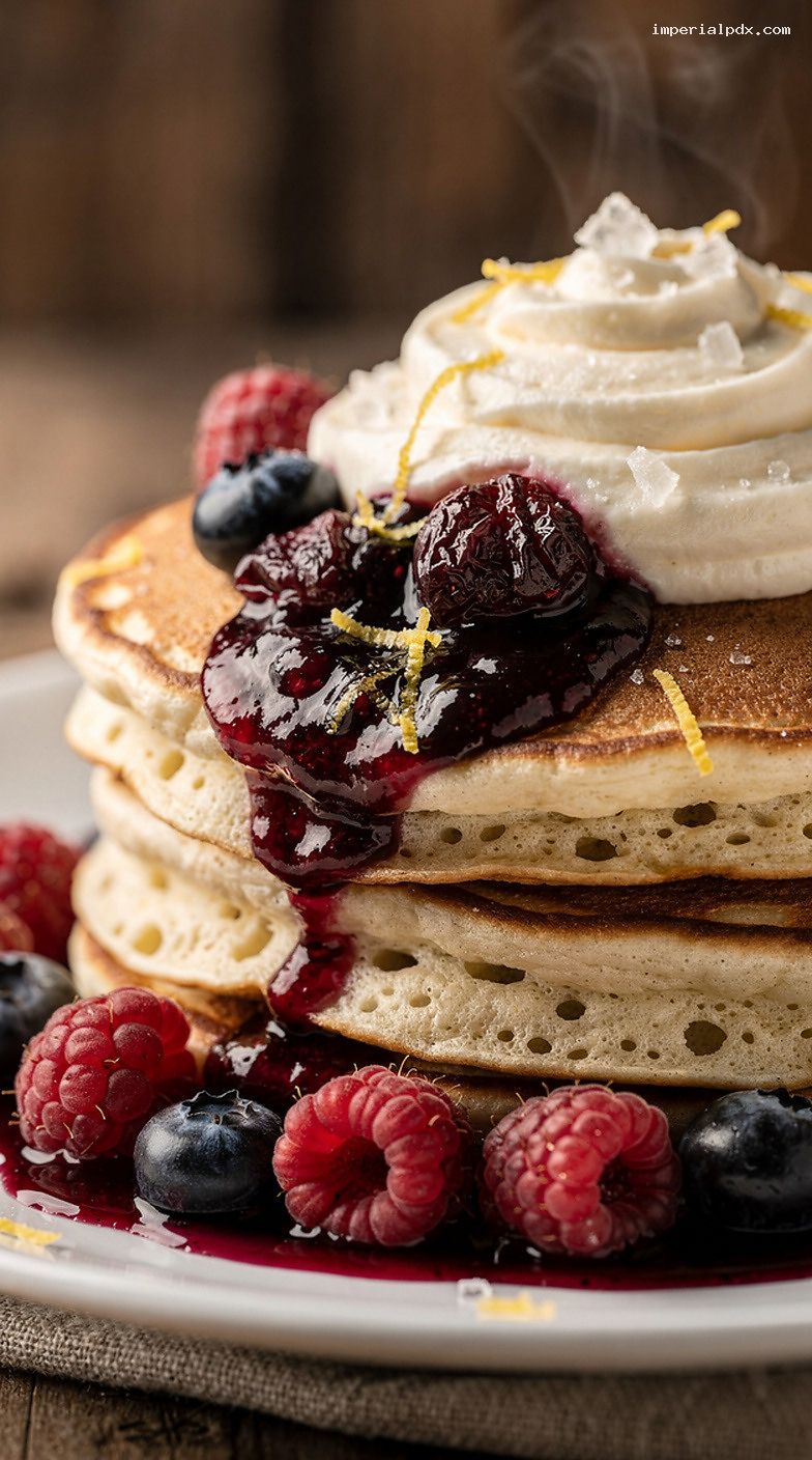 Fluffy Buttermilk Pancakes With Berry Compote and Whipped Butter – Closeup