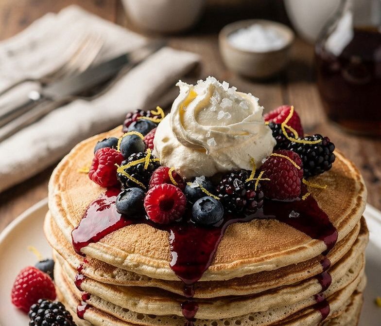 Fluffy Buttermilk Pancakes With Berry Compote and Whipped Butter