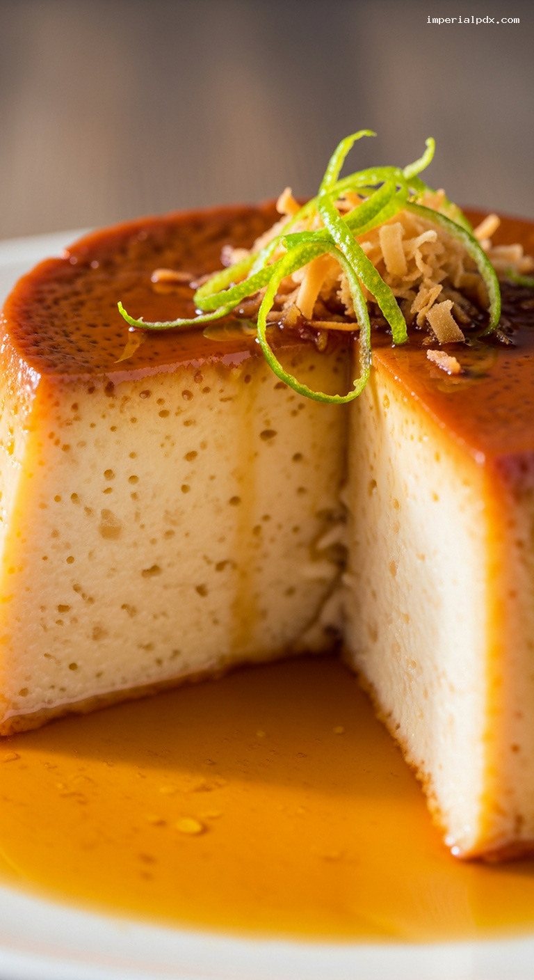 French-Caribbean Coconut Flan with Caramel – Closeup