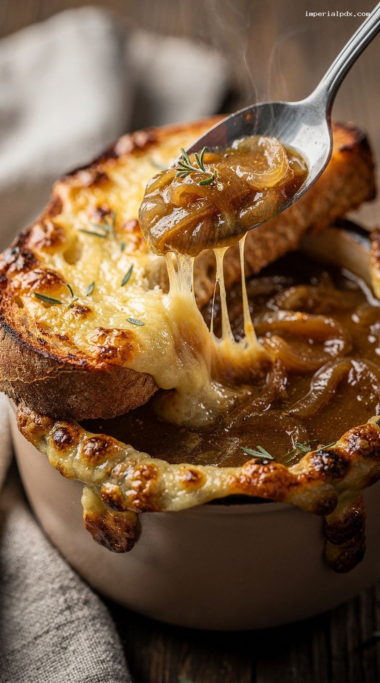 French Onion Soup Crock Station With Gruyère and Toasted Baguette – Closeup