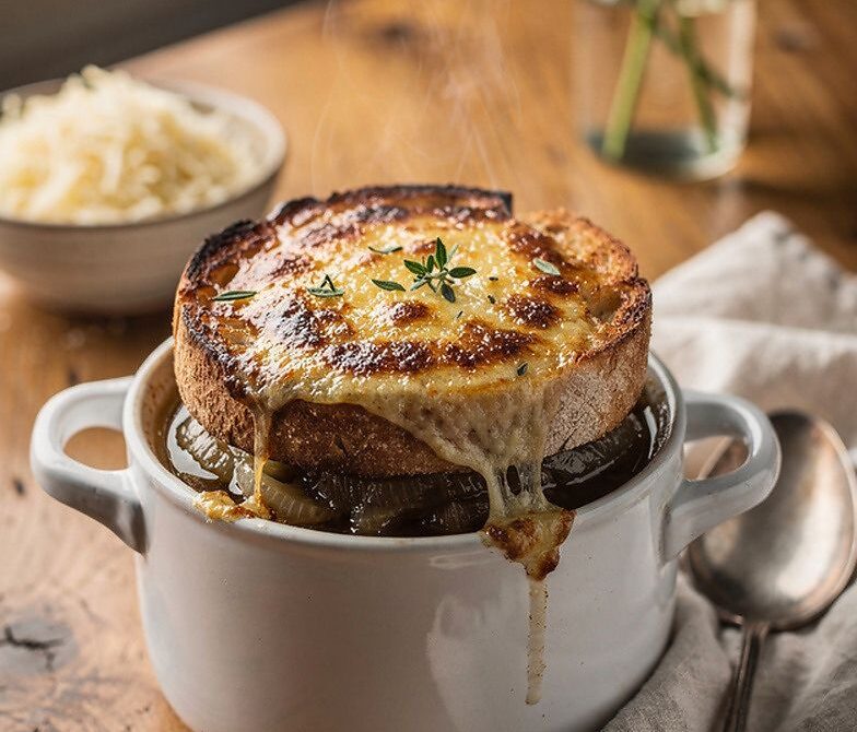French Onion Soup Crock Station With Gruyère and Toasted Baguette