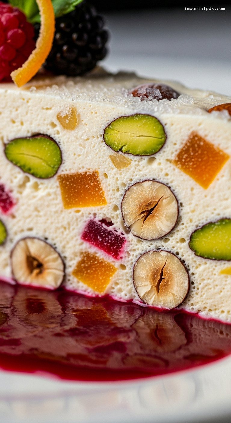 Frozen Nougat Glacé with Nuts and Berry Coulis – Closeup