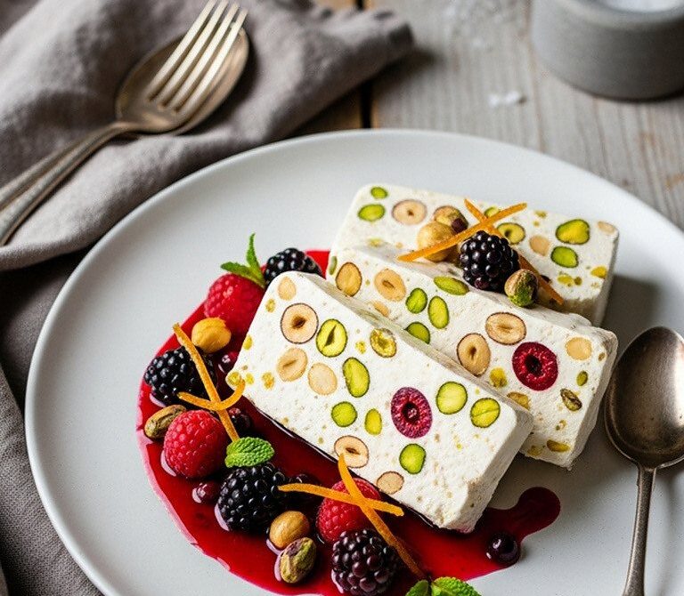 Frozen Nougat Glacé with Nuts and Berry Coulis