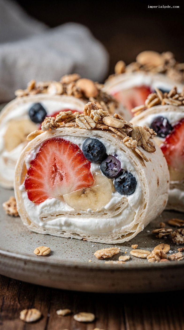 Fruit And Yogurt Breakfast Sushi Rolls With Granola – Closeup