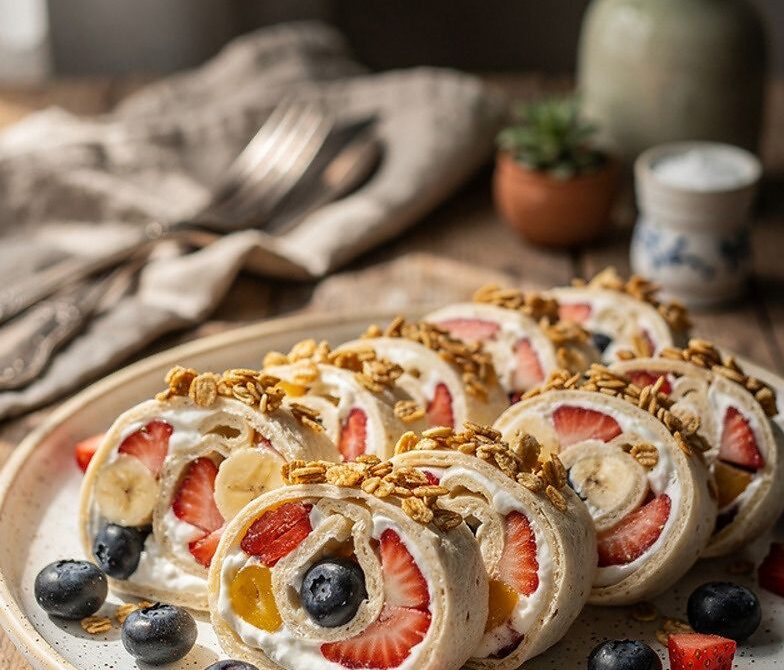Fruit And Yogurt Breakfast Sushi Rolls With Granola