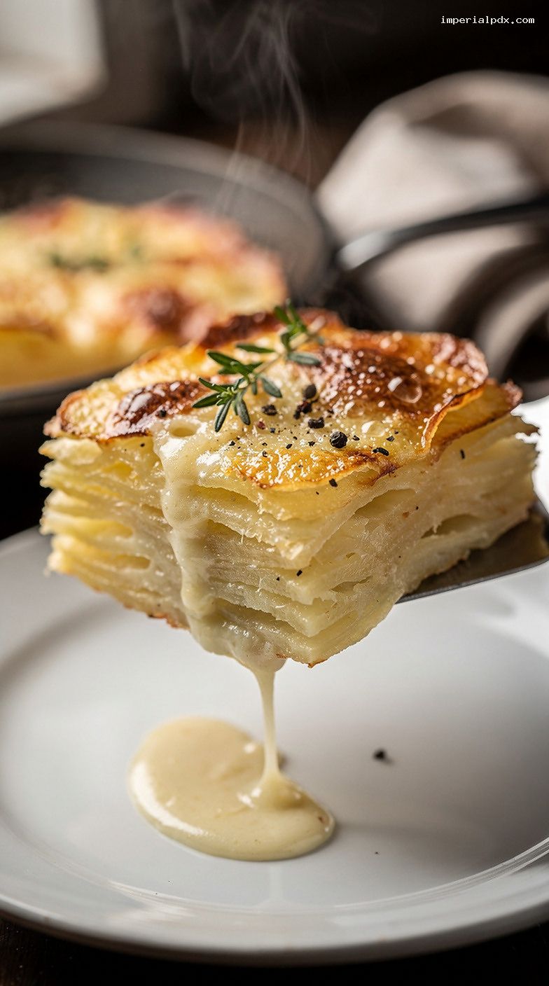 Garlic Gruyère Dauphinoise Potatoes Baked Golden and Bubbling – Closeup