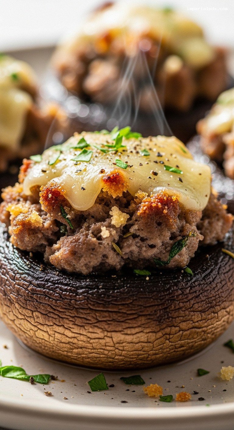 Garlicky Beef and Parmesan Stuffed Mushrooms – Closeup