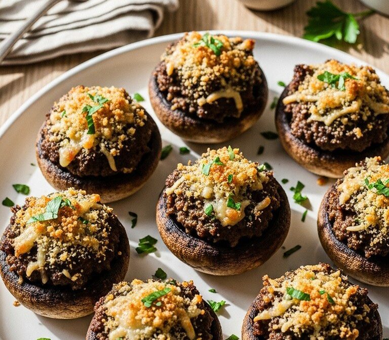 Garlicky Beef and Parmesan Stuffed Mushrooms