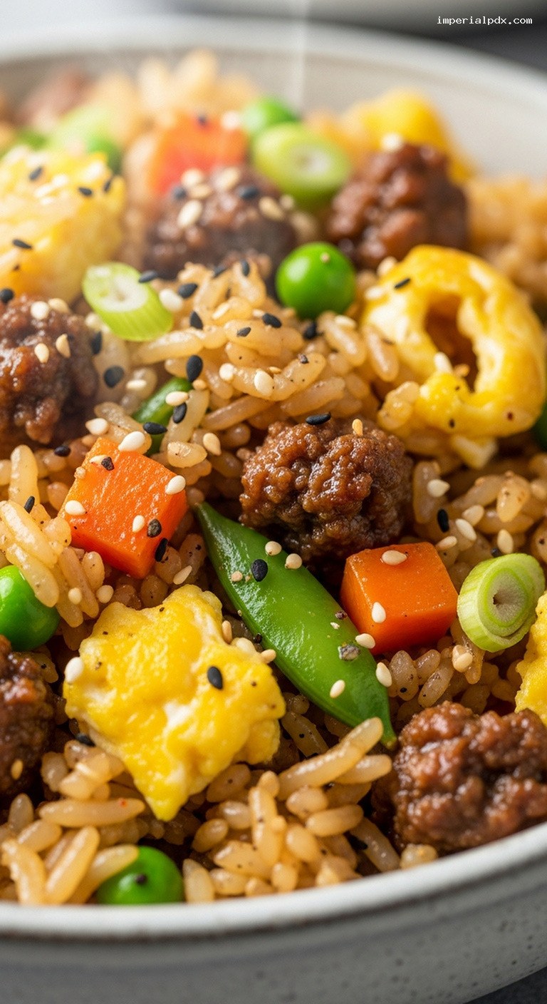 Garlicky Beef Fried Rice With Peas and Carrots – Closeup
