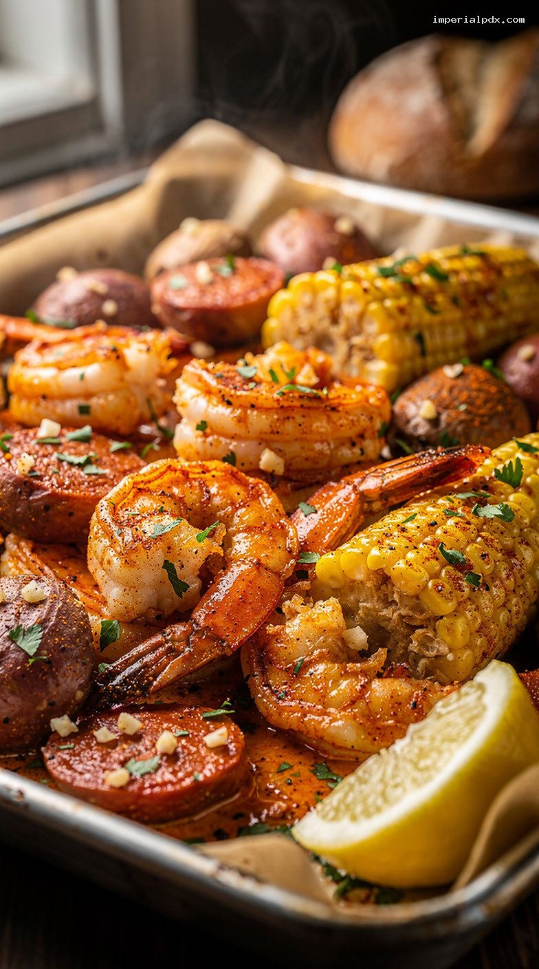 Garlicky Cajun Seafood Boil With Shrimp, Sausage, and Corn – Closeup