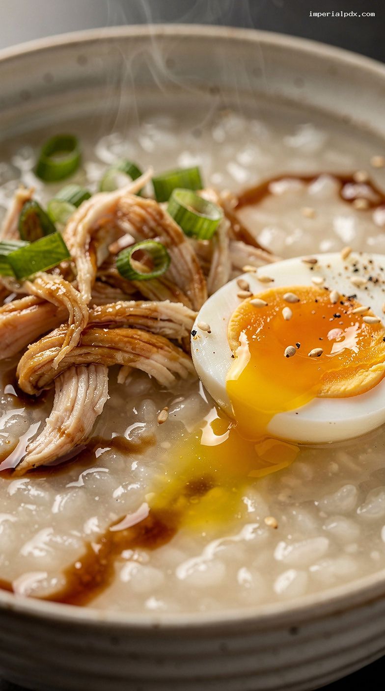 Ginger Chicken Congee With Scallions, Soy, and Soft Egg – Closeup
