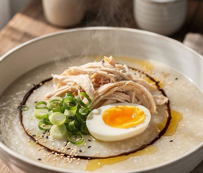 Ginger Chicken Congee With Scallions, Soy, and Soft Egg