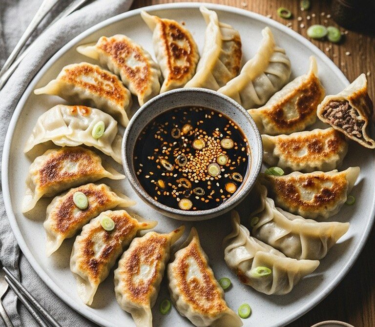 Ginger Garlic Beef Potstickers With Soy Dipping Sauce
