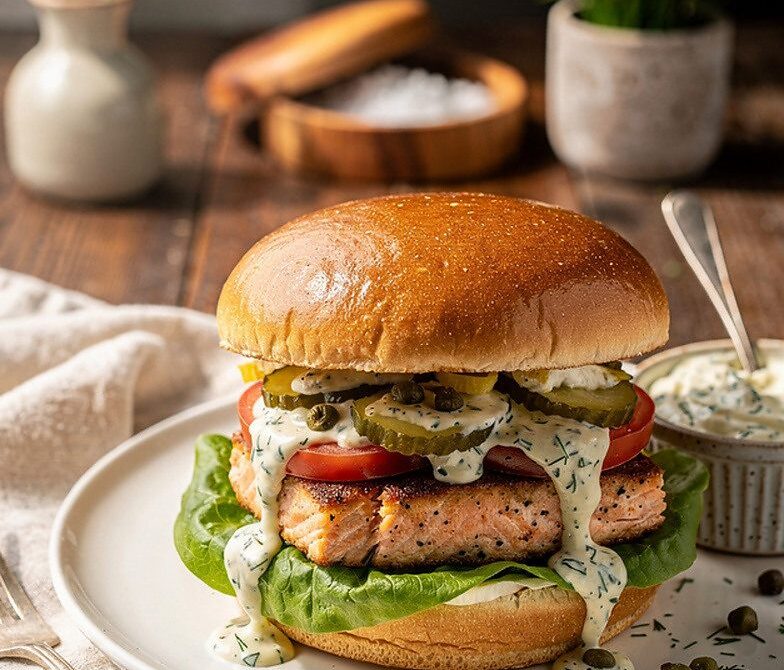 Gourmet Salmon Fish Burgers With Lemon-Dill Sauce