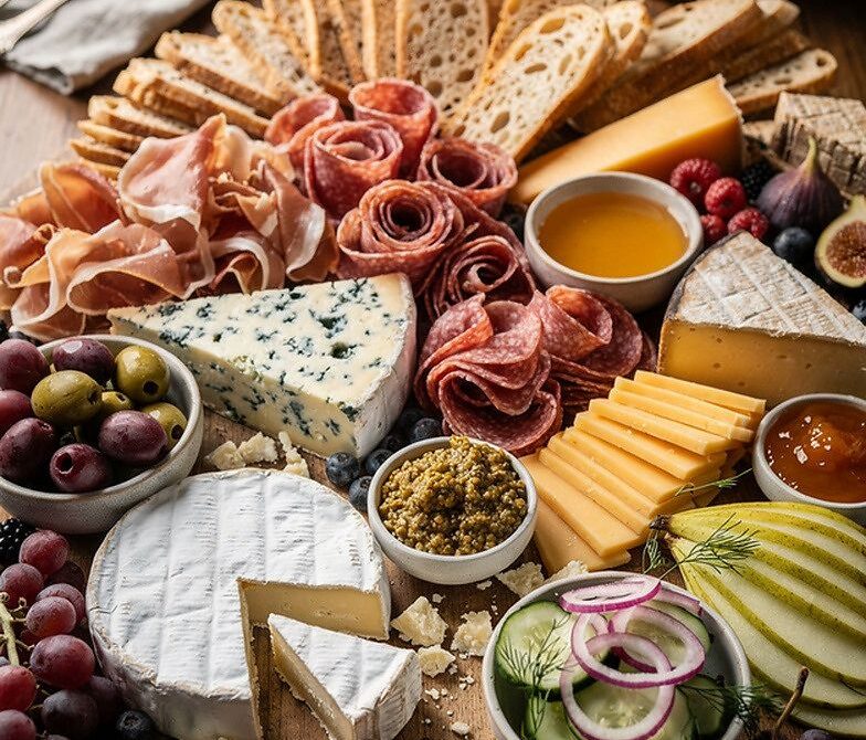 Grand Cheese and Charcuterie Grazing Table with Seasonal Fruit and Pickles