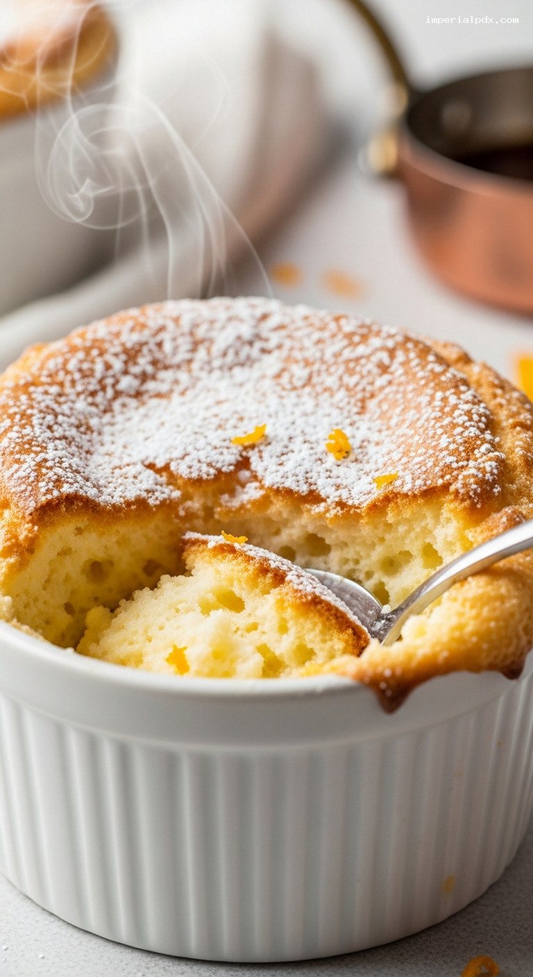 Grand Marnier Orange Soufflé with Powdered Sugar – Closeup