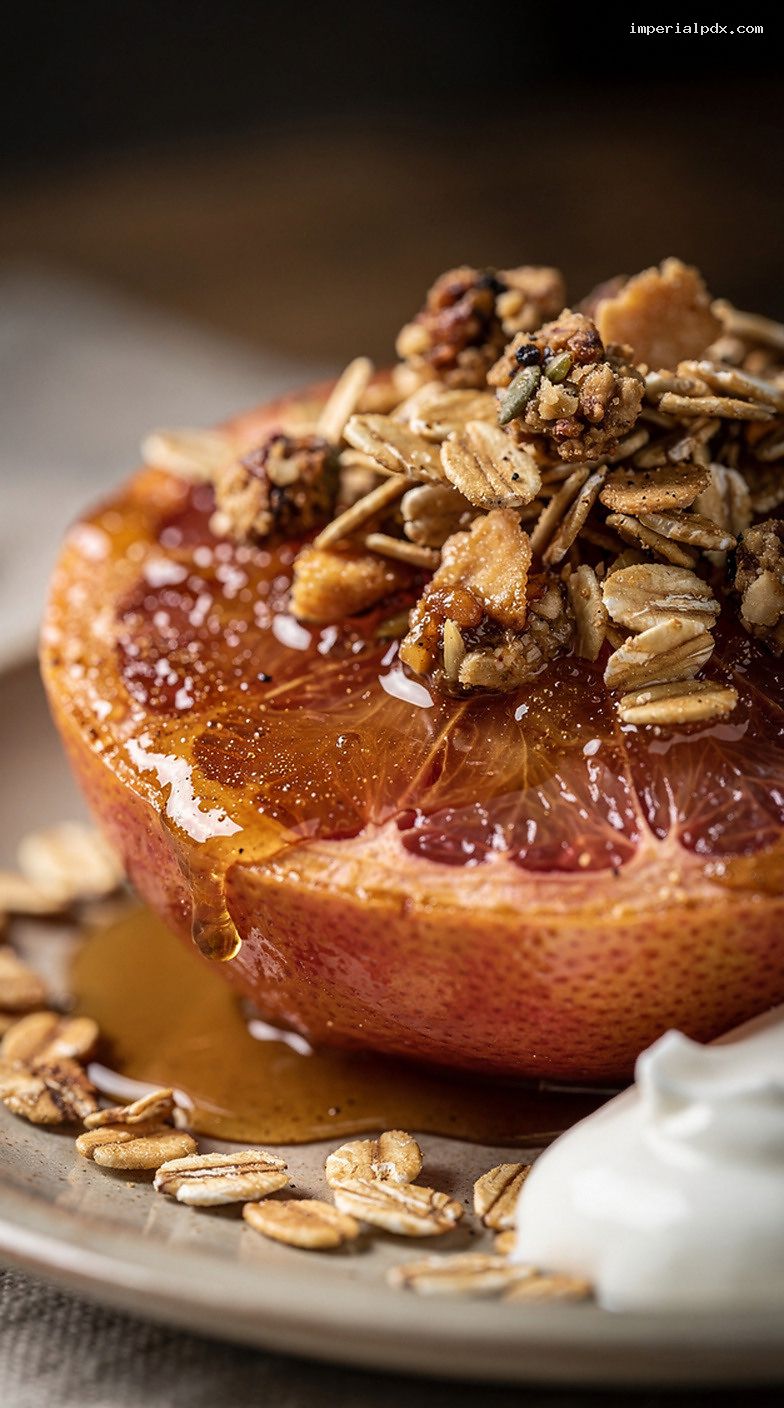 Granola-Topped Baked Grapefruit With Brown Sugar and Cinnamon – Closeup