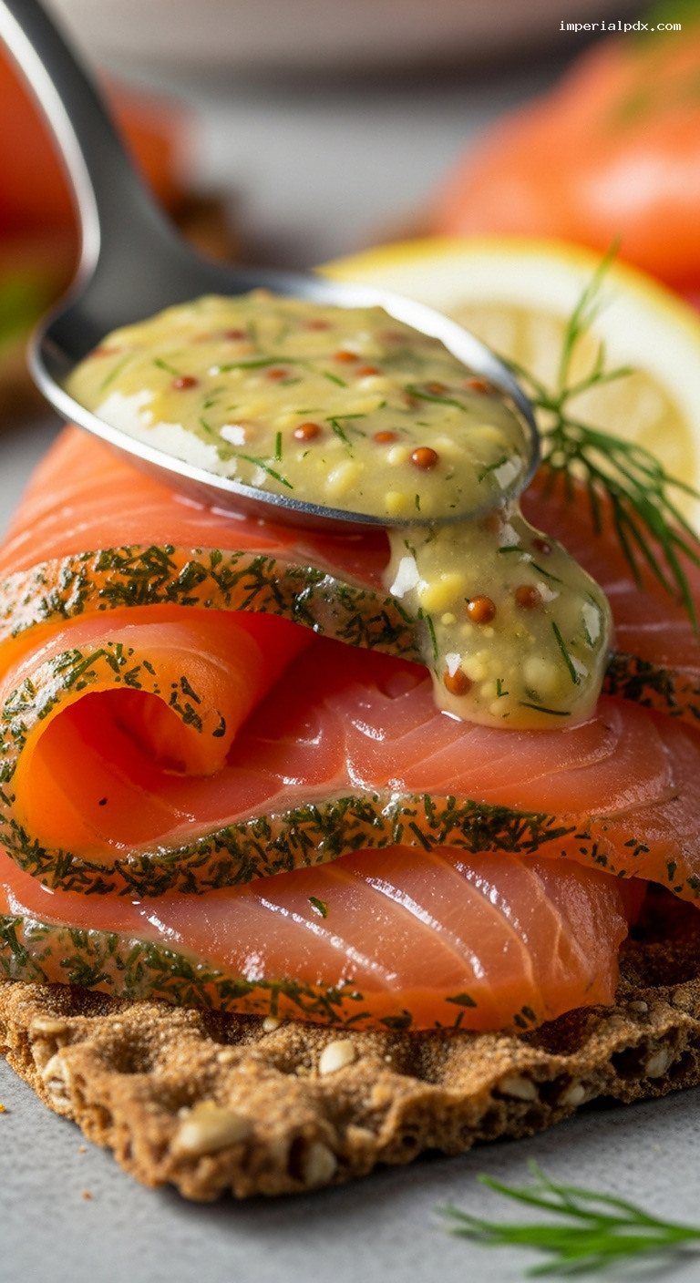 Gravlax-Style Cured Salmon with Mustard Dill Sauce – Closeup