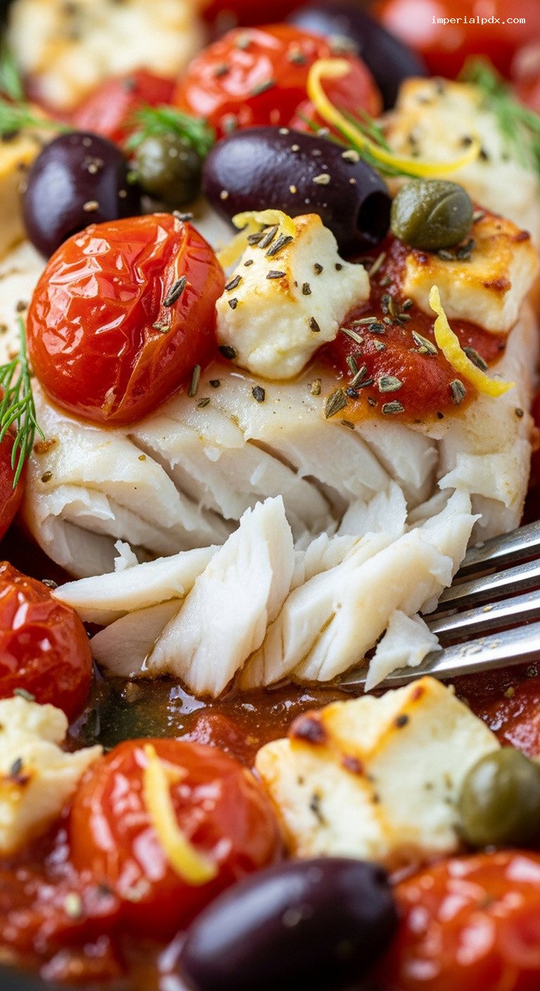 Greek Baked Fish with Tomatoes, Olives and Feta – Closeup