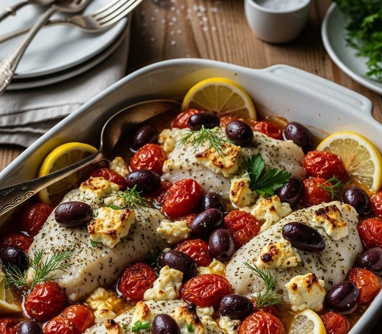 Greek Baked Fish with Tomatoes, Olives and Feta