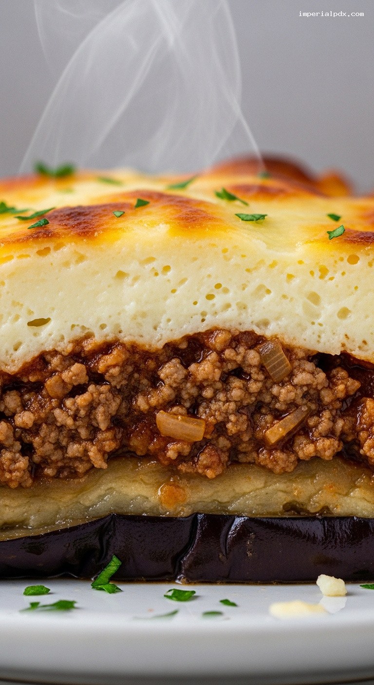 Greek Beef Moussaka With Roasted Eggplant and Béchamel – Closeup