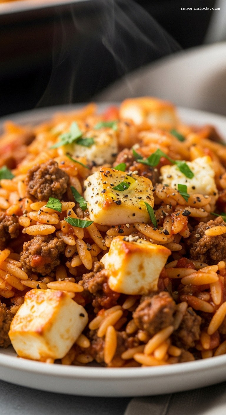 Greek Beef Orzo Bake with Tomato, Oregano and Feta – Closeup