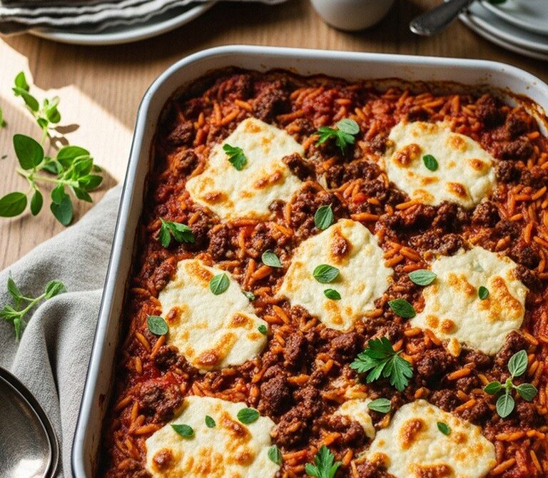 Greek Beef Orzo Bake with Tomato, Oregano and Feta