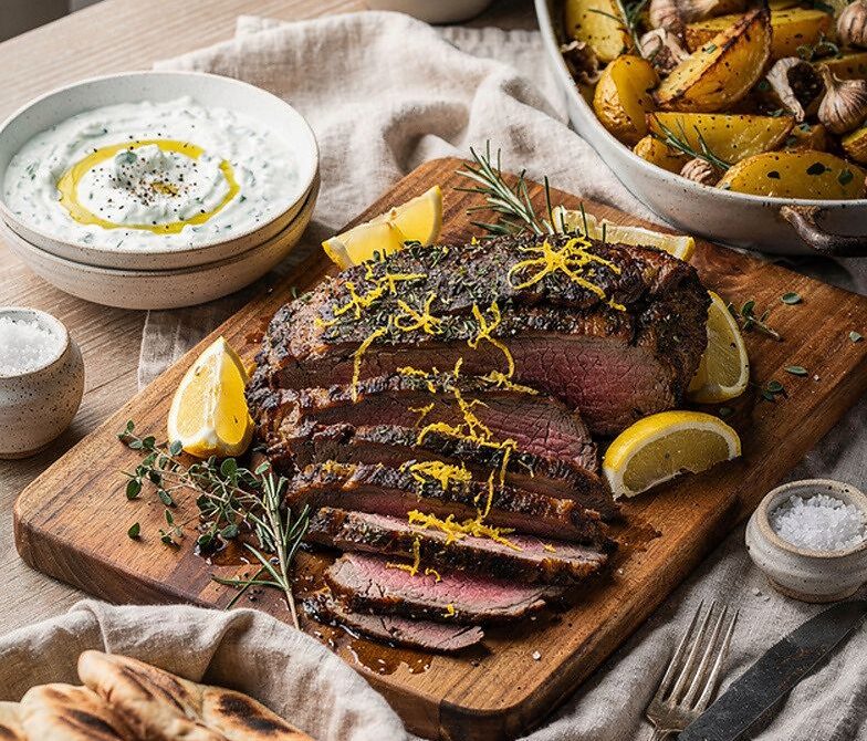 Greek-Style Roasted Leg of Lamb with Tzatziki and Potatoes