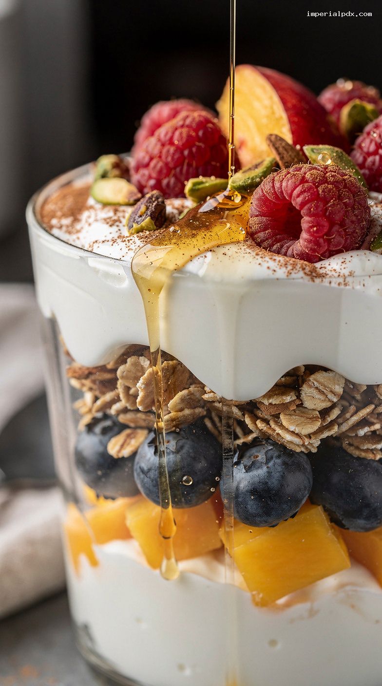 Greek Yogurt Parfait With Honey, Granola, and Fresh Fruit – Closeup