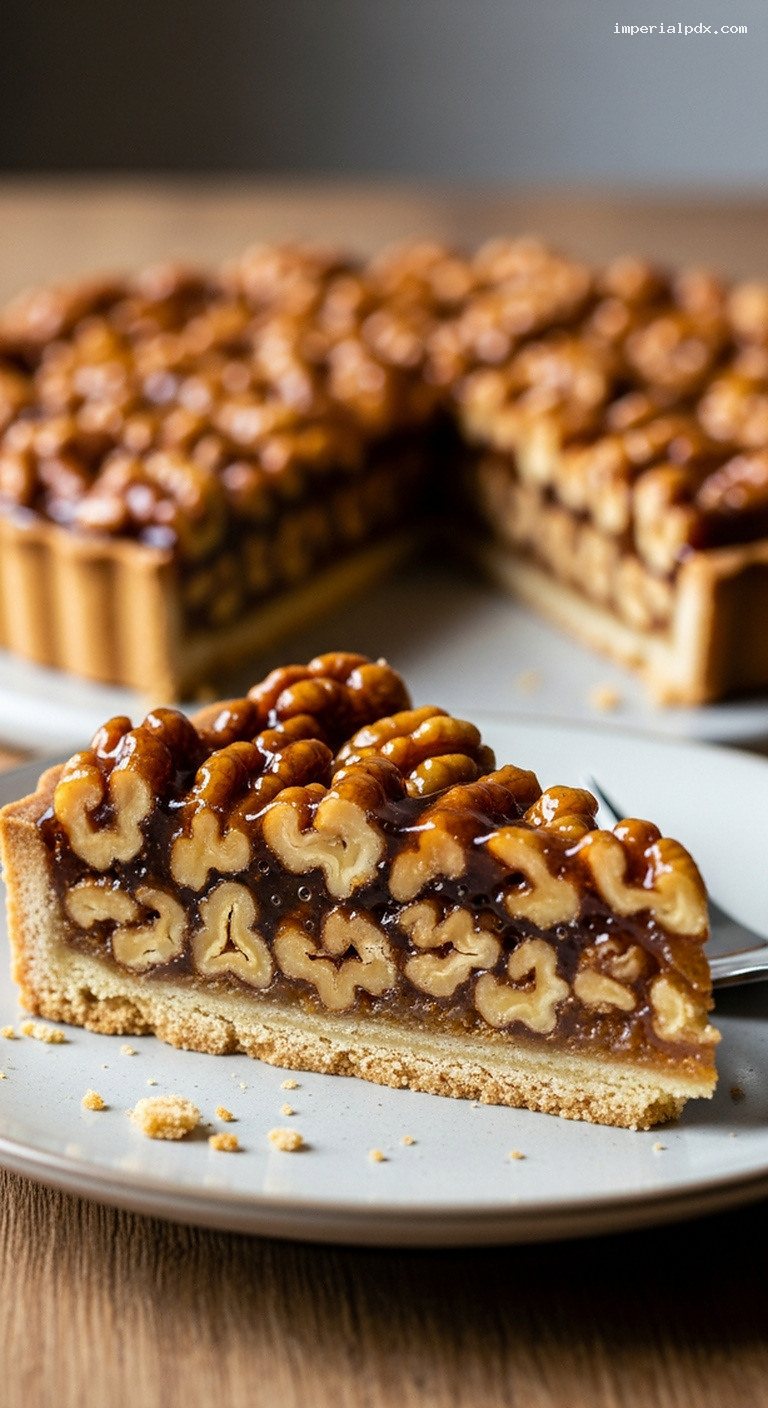 Grenoble Walnut Tart with Caramel Walnut Filling – Closeup