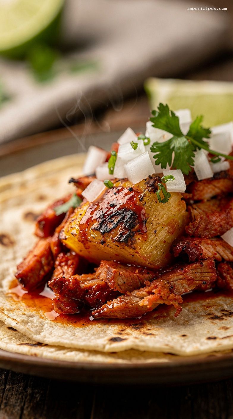 Grilled Al Pastor Pork Skewers with Pineapple Tacos – Closeup