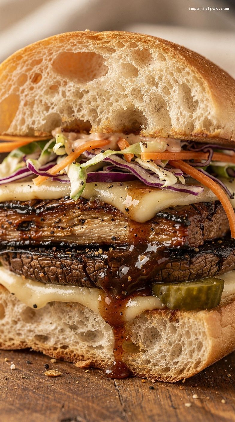 Grilled BBQ Portobello Steak Sandwiches With Cheese and Slaw – Closeup