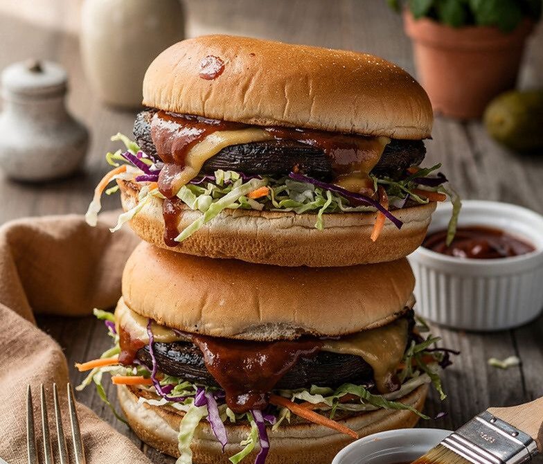 Grilled BBQ Portobello Steak Sandwiches With Cheese and Slaw