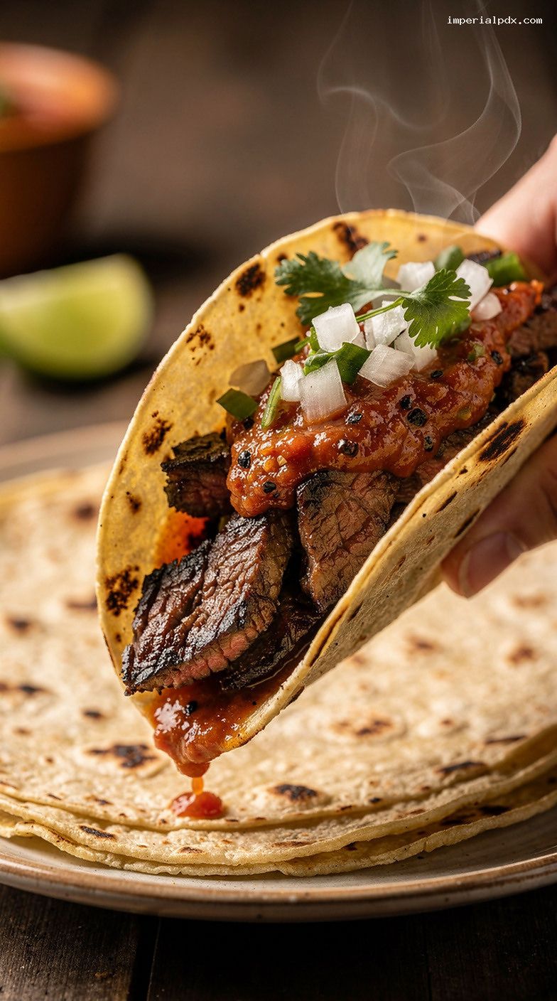 Grilled Carne Asada Tacos With Smoky Salsa and Cilantro Onion – Closeup