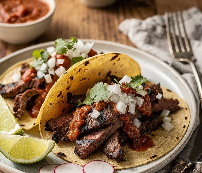 Grilled Carne Asada Tacos With Smoky Salsa and Cilantro Onion